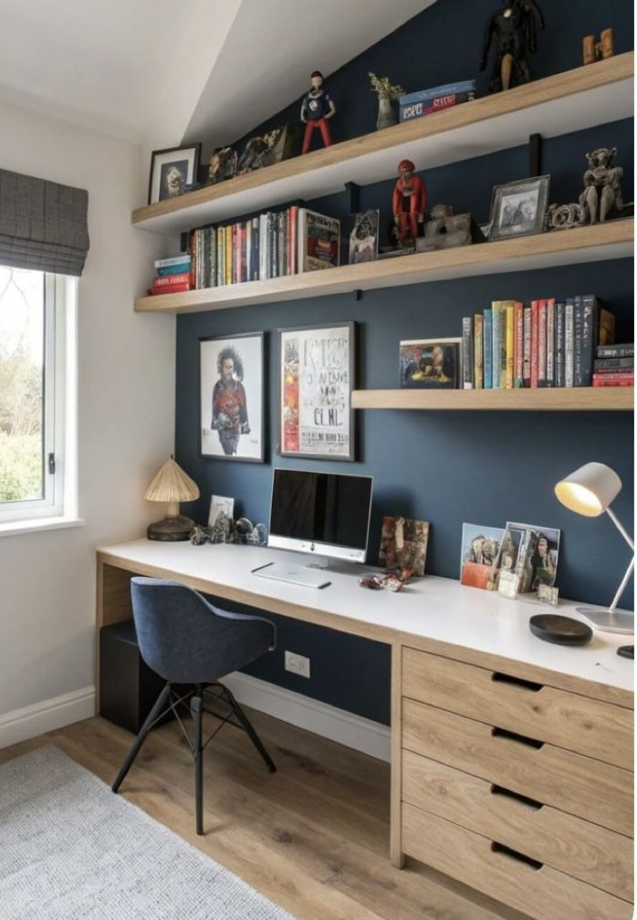 Jaukus ir praktiškas paauglio kambario interjeras su vieta mokslui ir poilsiui