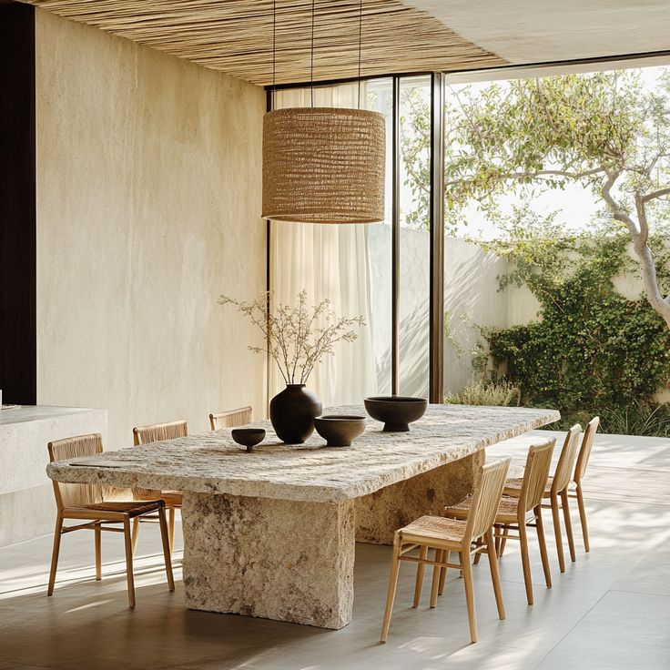 Valgomojo interjeras su natūralių medžiagų ir elegantiškų formų akcentais