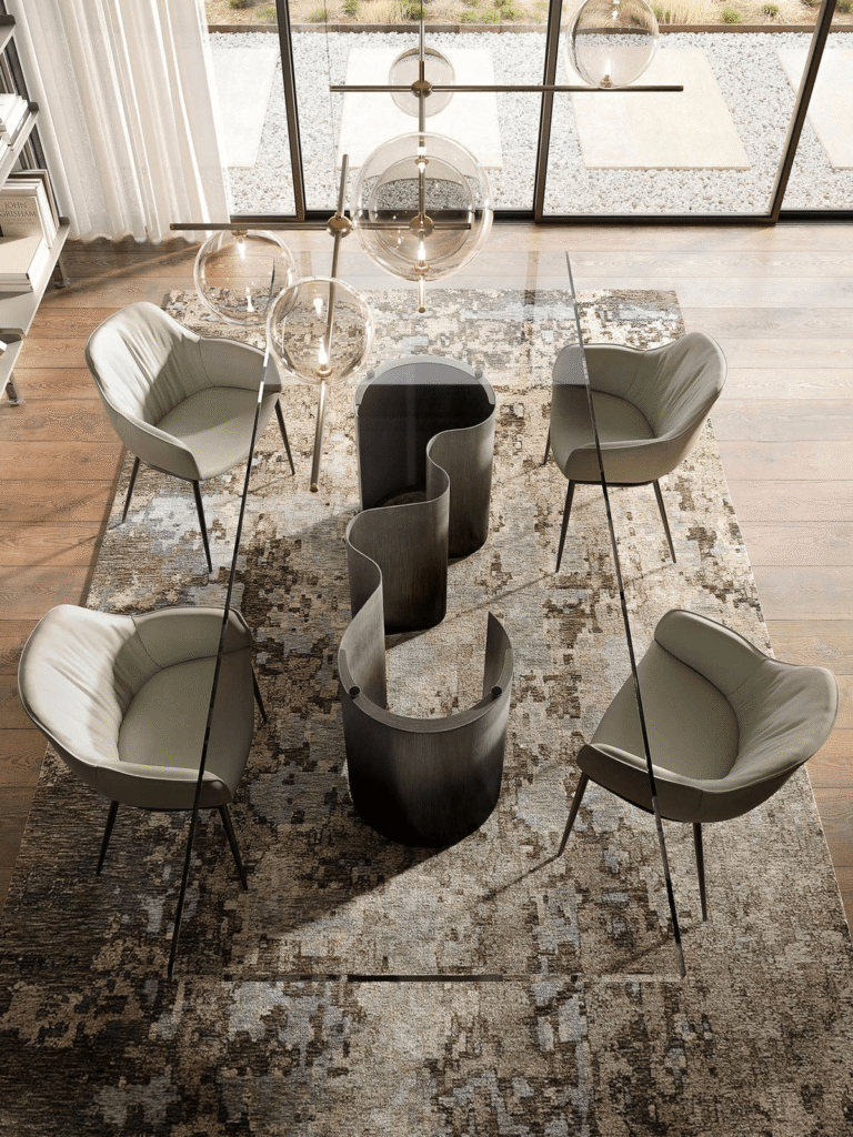 Valgomojo interjeras su natūralių medžiagų ir elegantiškų formų akcentais