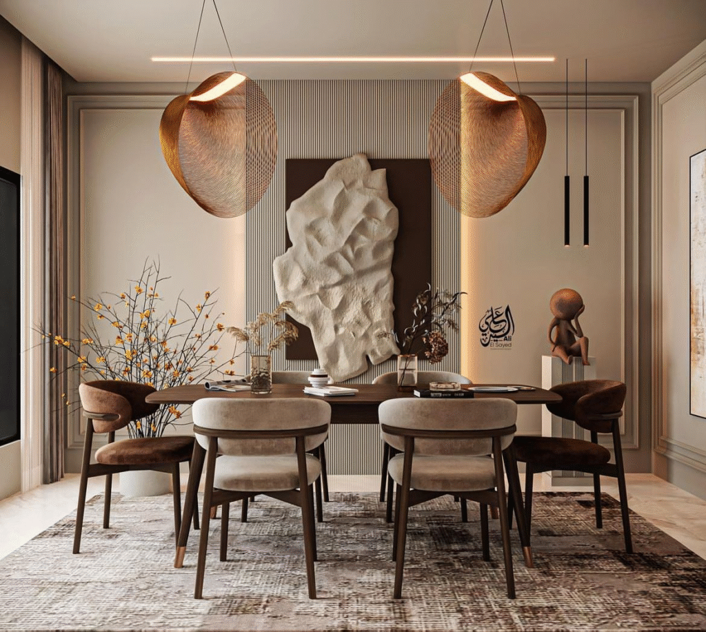 Valgomojo interjeras su natūralių medžiagų ir elegantiškų formų akcentais