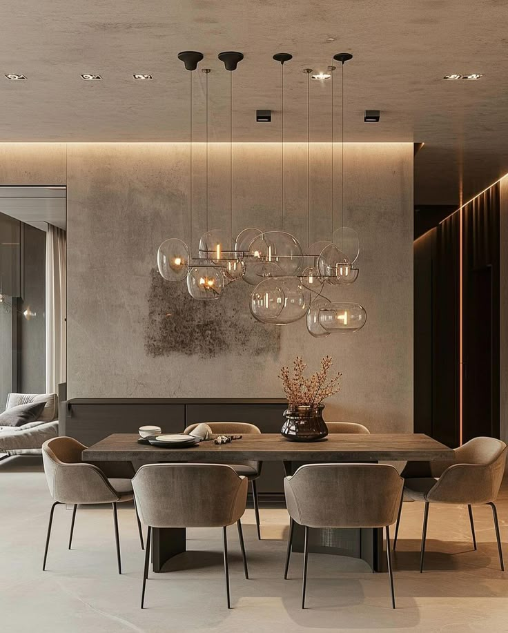 Valgomojo interjeras su natūralių medžiagų ir elegantiškų formų akcentais