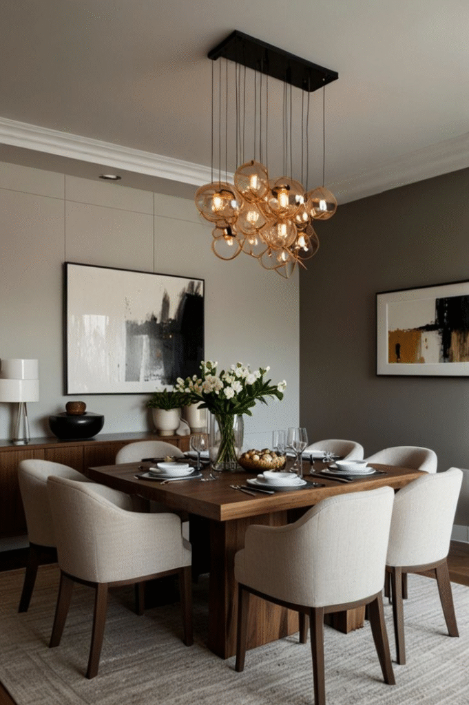 Valgomojo interjeras su natūralių medžiagų ir elegantiškų formų akcentais