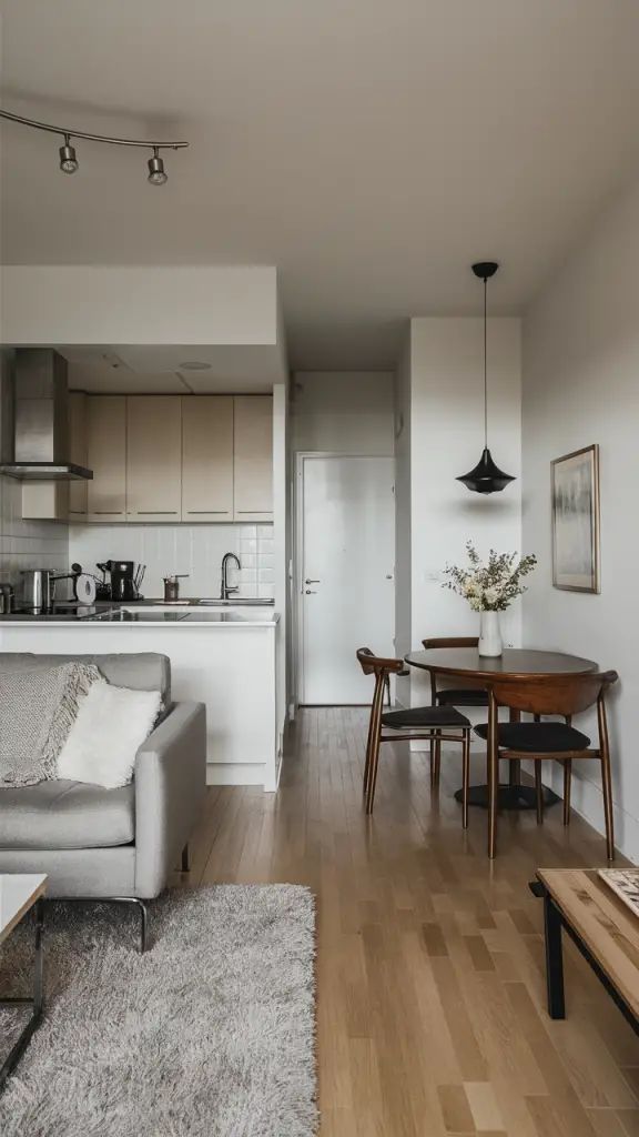 Modernus vieno kambario buto interjeras su išmaniais erdvės planavimo sprendimais