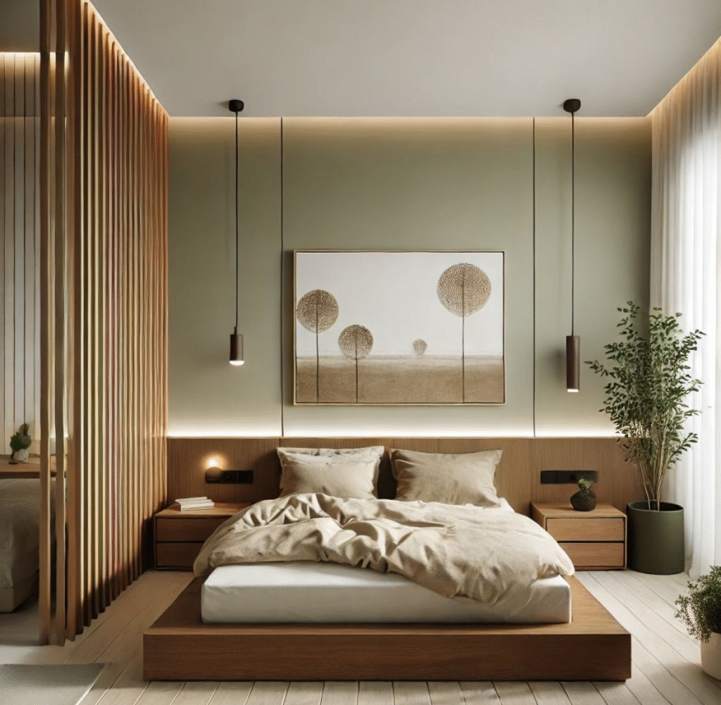 Modernus miegamojo interjeras, kuriame dera stilius ir ramybė