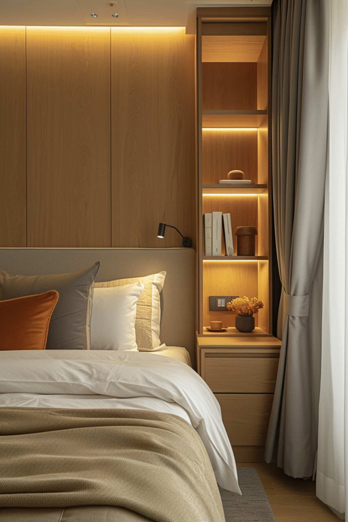 Modernus miegamojo interjeras, kuriame dera stilius ir ramybė