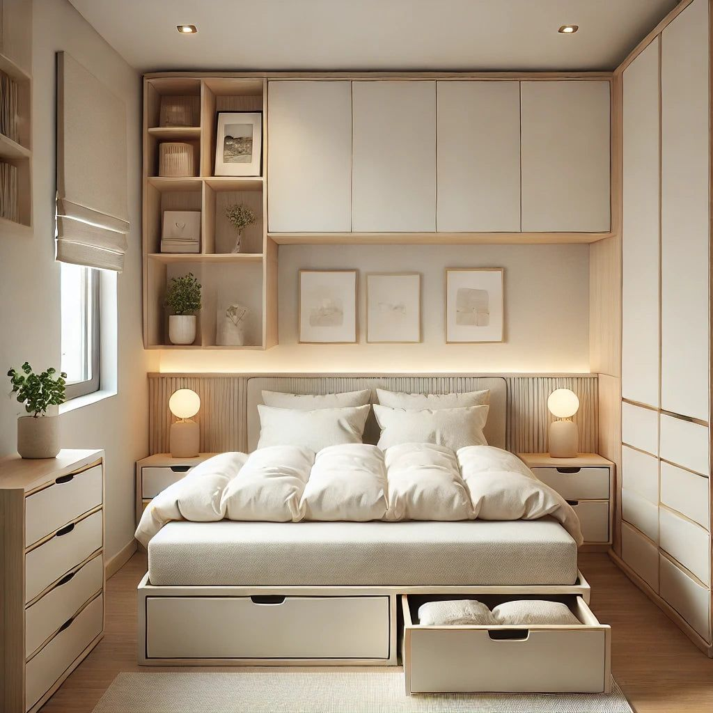 Modernus miegamojo interjeras, kuriame dera stilius ir ramybė