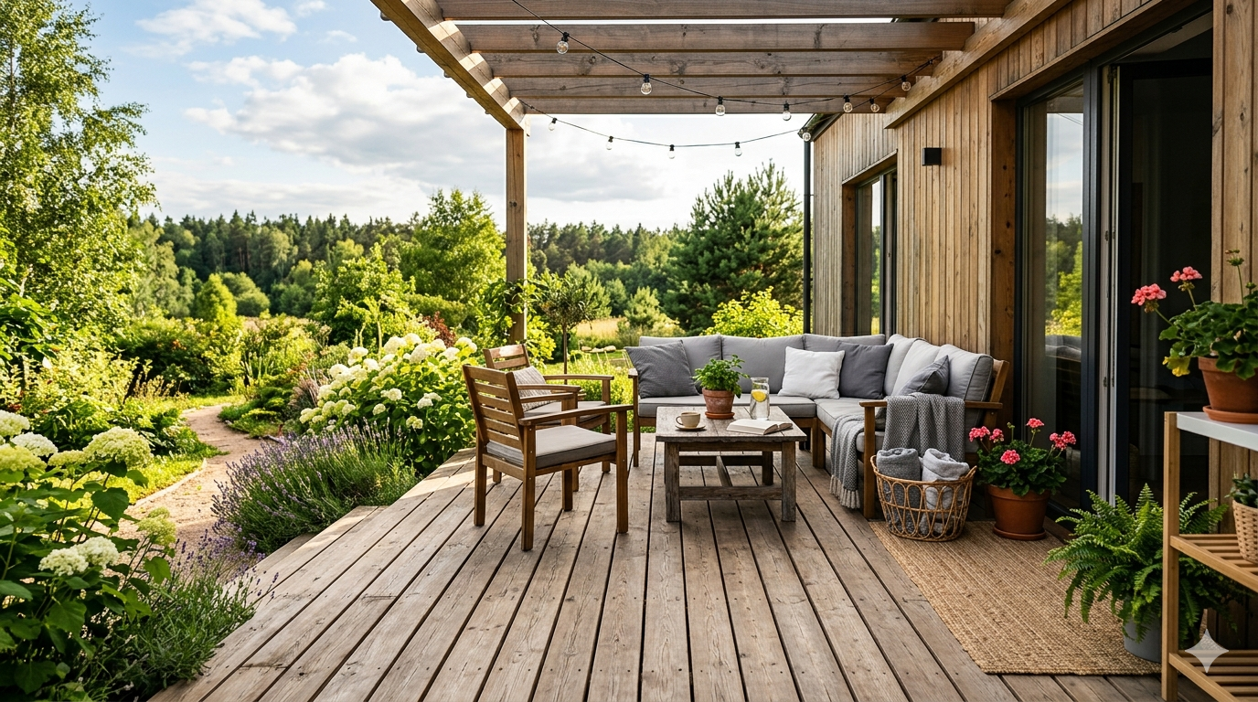 Terasos konstrukcija: pagrindas, karkasas ir laiptų įrengimas