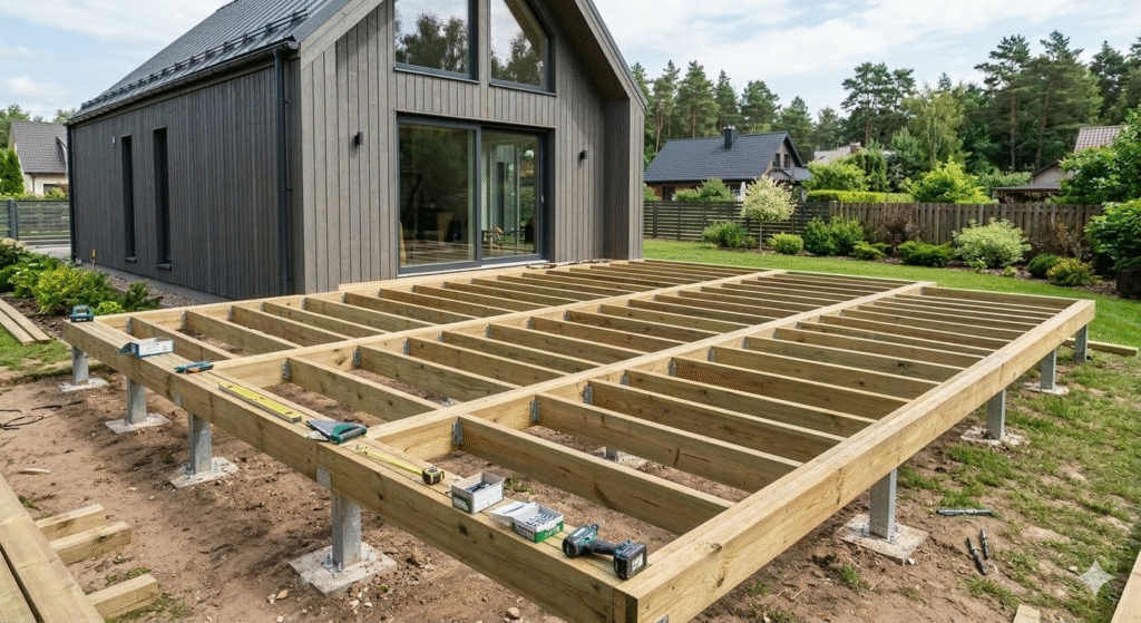 Terasos konstrukcija: pagrindas, karkasas ir laiptų įrengimas