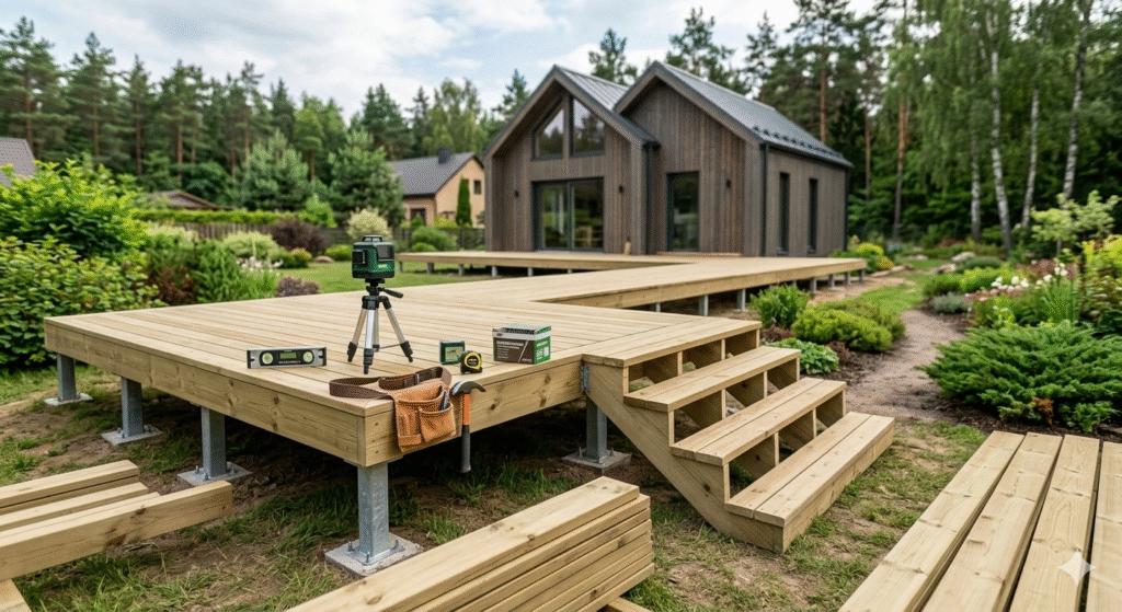 Terasos konstrukcija: pagrindas, karkasas ir laiptų įrengimas