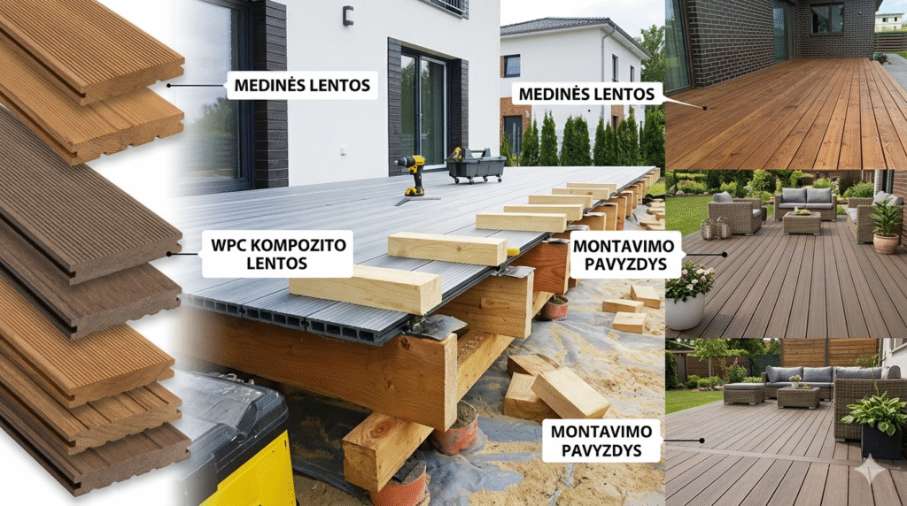 Terasos grindys ir stiklinimas: akmens masės plytelės, lentos ir stumdomų langų kaina